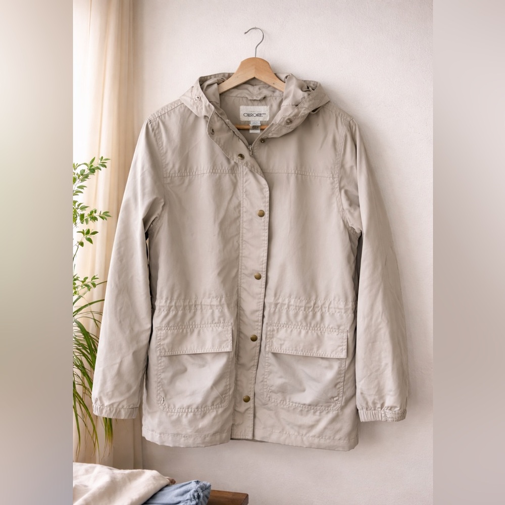 Vintage Cherokee Beige Utility Rain Jacket 90s Hooded Cinch Coat Spring